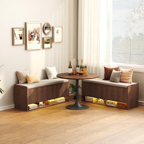 HOMEFORT 47.2" Fluted Shoe Storage Bench, Entryway Bench with Linen Seat Cushion, Shoe Cabinet Bench with Adjustable Shelf and Built-in LED Sensor Light, Bench for Bedroom End of Bed, Walnut
