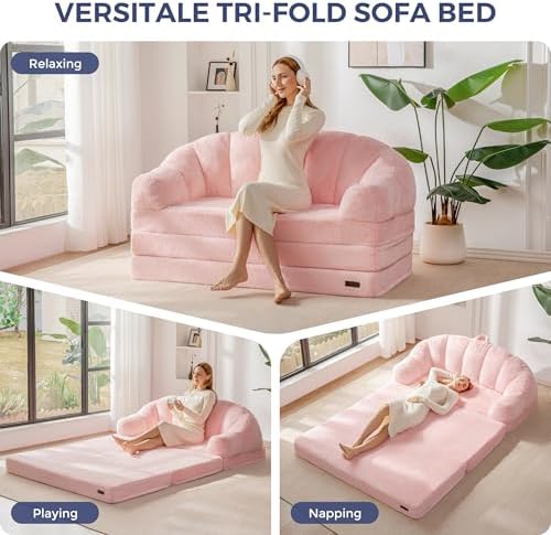 MAXYOYO Folding Sofa Bed, 2 in 1 Convertible Sofa to Lounger | Comfy Loveseat Bean Bag Chair for Adults, Floor Couch with Handle, Faux Fur Couch Bed for Living Room Bedroom, Pink