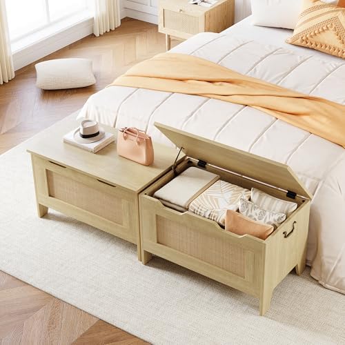IDEALHOSUE 30” Storage Chest, Wooden Storage Bench with Safety Hinge, Retro Blanket Storage Trunk for Entryway, Living Room, Supports 350 lb, Light Oak