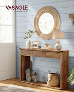 VASAGLE 47.2" Console Table with 3 Drawers, Entryway Table, Bottom Shelf | Narrow Sofa Table Behind Couch, Metal Corners, for Living Room, Bedroom, Farmhouse Style, Honey Brown ULNT143KB01S