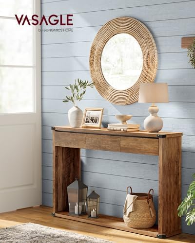VASAGLE 47.2" Console Table with 3 Drawers, Entryway Table, Bottom Shelf | Narrow Sofa Table Behind Couch, Metal Corners, for Living Room, Bedroom, Farmhouse Style, Honey Brown ULNT143KB01S
