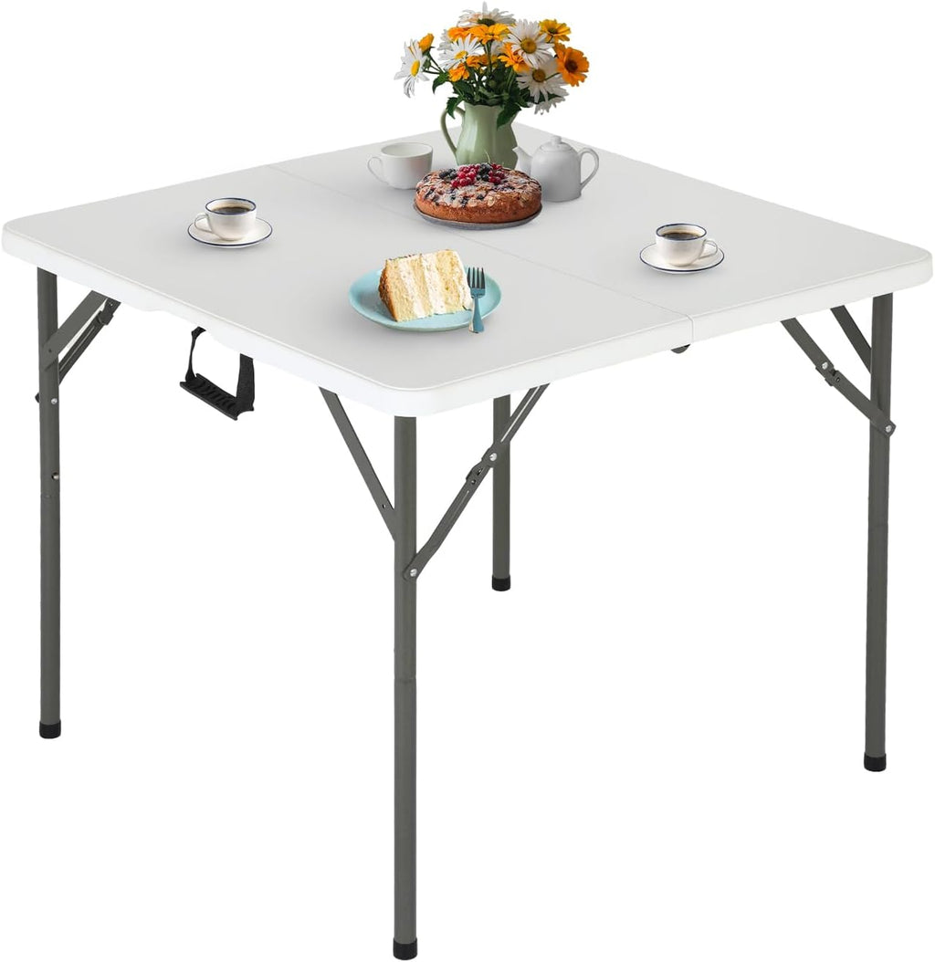 FDW | 34" Folding Table | White | Portable Plastic Table | with Carry Handle | Waterproof & Foldable Table Design | Steel Frame with Lock | for Events, Camping, Indoor & Outdoor Use