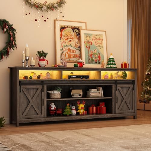 80" LED Farmhouse TV Stand for 90/85/80 Inch TVs,Tall Entertainment Center Storage Cabinets w/Power Outlets and Sliding Barn Door,Rustic TV Stands for Living Room,Media Console Cabinet (Charcoal)
