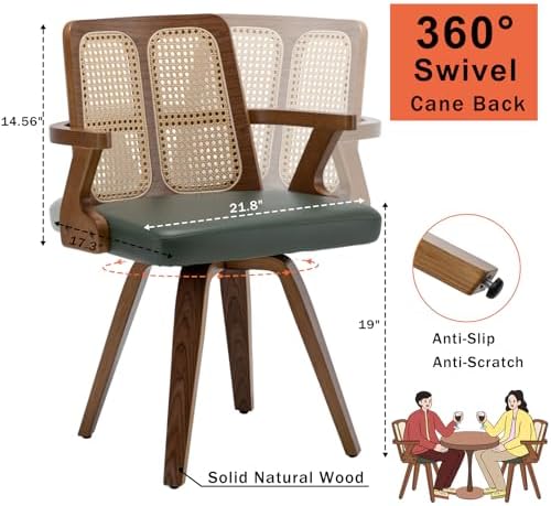 Walnut Dining Chairs - Swivel Rattan Dining Chairs with Bentwood Frame with Ergonomic Cane Back, Curved Arms, MCM Dining Chairs for Kitchen/Restaurant/Living Room/Conference (Walnut Green, Set of 2)