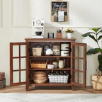 Joaxswe Large Sideboard Buffet Cabinet with Storage, 32" Farmhouse Brown Kitchen Coffee Wine Bar Cabinet with 2 Glass Doors, Wood Mid Century Modern Side Board Table for Dining Room, Living Room