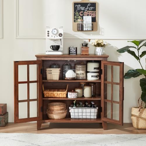 Joaxswe Large Sideboard Buffet Cabinet with Storage, 32" Farmhouse Brown Kitchen Coffee Wine Bar Cabinet with 2 Glass Doors, Wood Mid Century Modern Side Board Table for Dining Room, Living Room