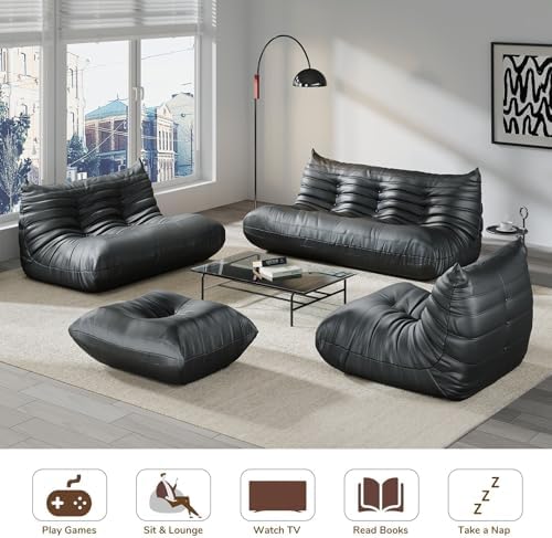 Comfy Lazy Floor Sofa Couch,Soft Armless Chair,Faux Leather Lounge Chair,Corner Relax Sofa Couch for Living Room Bedroom,Salon Office,Adults（Black+3 Seat