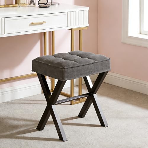 Makeup Chair, Modern Luxury Vanity Stool with Linen Plush Seat | Compact X Base Vanity Bench for College Dorm, Small Upholstered Foot Rest for Living Room(X-Gray)