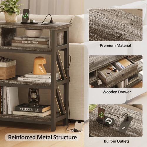 Mexin Console Table with Outlets and USB Ports, Entryway Table with Drawer Storage Shelves, Industrial Wood Hallway Sofa Table for Living Room, Couch, Foyer Table, 47 Inch Grey Oak