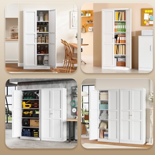 Yizosh Metal Storage Cabinet - 71" White Kitchen Pantry with 2 Doors and 4 Adjustable Shelves, 4-Tier Tall Steel Locker for Living Room, Dining Room