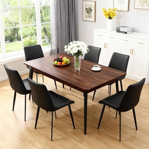 Black Dining Chairs Set of 8, Mid Century Modern Faux Leather Kitchen Chairs, Comfy Upholstered Dinner Chairs with Durable Metal Legs for Dinning Room Living Room Kitchen, Black