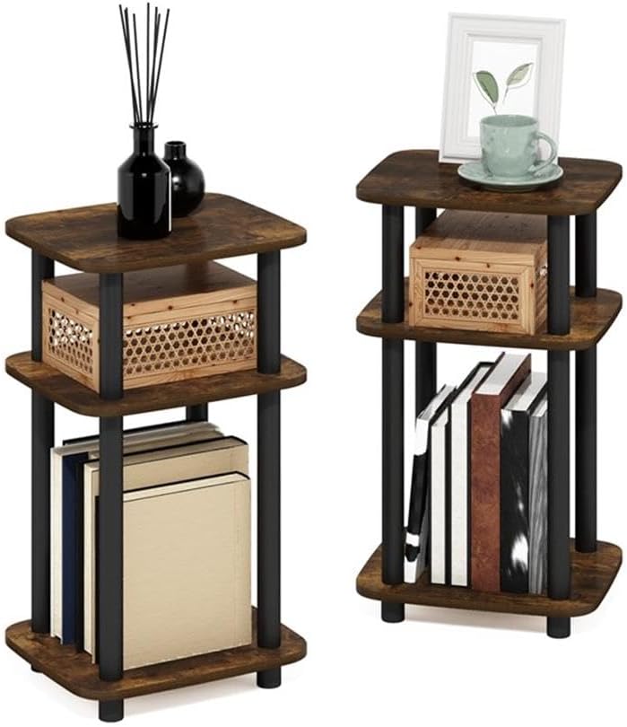 Pemberly Row 3-Tier Turn-N-Tube Curve End Table, Amber Pine/Black Finish, CARB-Grade Composite Wood, Rounded Edges, Minimalist Style, 11.3 x 13.15 x 22.76 in, Side Table for Living Room or Bedroom