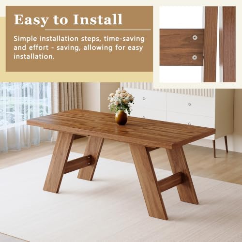 71" Farmhouse Dining Table Set for 6, Rectangular Rustic MDF Wooden Kitchen Table with Stable A-Frame Base & Anti-Slip Pads, Walnut