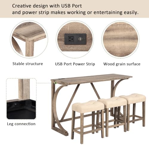 4-Piece Bar Table Set with Power Outlet, Dining Table and Chairs Set with 3 Padded Stools for Living Room/Dining Room/Game Room, Brown