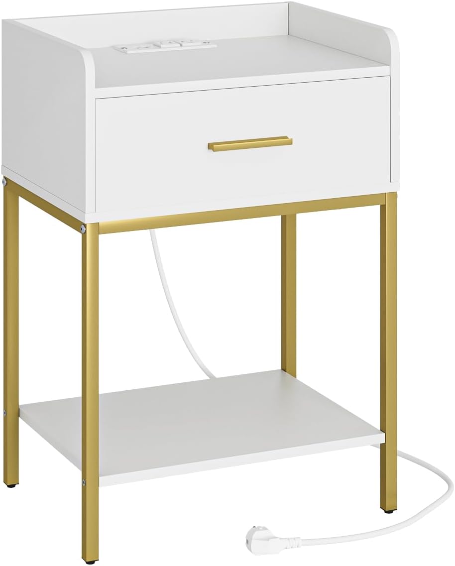 Aienvey Nightstand with Charging Station,Bedside Table with Drawer and 2 Shelf Storage, Small Side Table, Modern White Night Stand, Tall End Table for Bedroom, Living Room