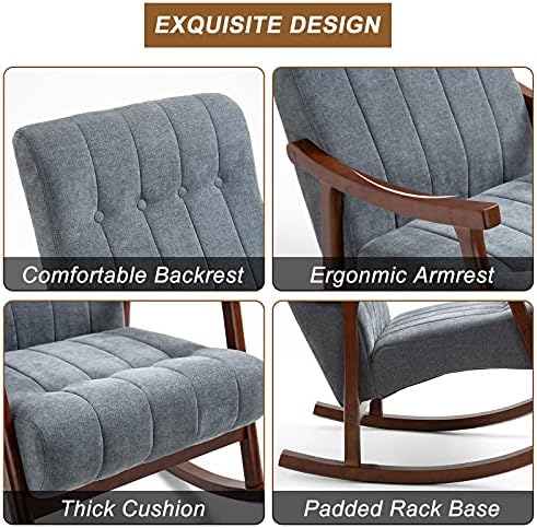 AVAWING Rocking Chair, Dark Grey Upholstered High Back Solid Wood Armchair | Soft Fabric Padded Seat; Sturdy Solid Wood Frame; Ergonomic High Back; For Adults; Easy Assembly; Living Room Bedroom Leisure