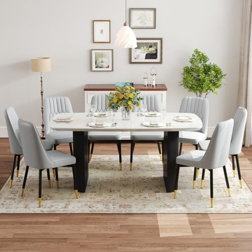 Ebullient White Dining Table Set for 8, 67'' Marble Oval Dining Table Set with 8 Metal Chairs, 3.5'' Thick Marble-Grain Top and Matte Black Wood Base, Space-Saving 9 Piece Kitchen Table Set
