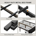 Einhomn King Size Bed Frame with 2 Storage Drawers, Metal Platform Bed with Charging Station, Upholstered Linen Button Tufted Storage Headboard, No Box Spring Needed, Noise-Free, Easy Assembly, Black