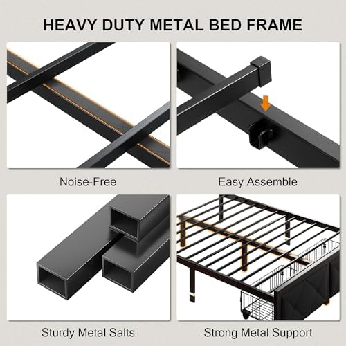 Einhomn King Size Bed Frame with 2 Storage Drawers, Metal Platform Bed with Charging Station, Upholstered Linen Button Tufted Storage Headboard, No Box Spring Needed, Noise-Free, Easy Assembly, Black