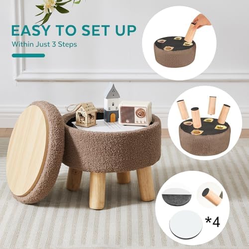 Small Foot Stool Ottoman with Storage, Sherpa Ottoman Foot Rest for Couch, Round Footstool with Storage, Small Ottomans and Footstools for Living Room and Entryway (Brown)