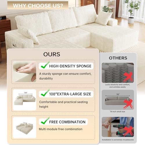 108" U-Shape Modular Sectional Cloud Cream Couch with Ottoman, Deep Seat Couch with Oversized Chaise Lounge, Comfy Flannel Fabric Sofa for Living Room Bedroom Apartment