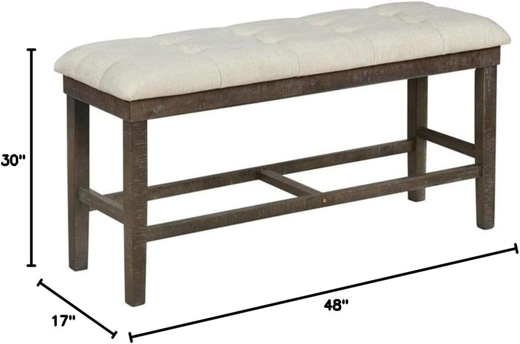 MAKLAINE Upholstered Counter Height Dining Bench, Beige Linen Fabric, Tufted Seat, Rustic Dark Oak Wood Base, 48" L x 16" W x 24" H, Sturdy Kitchen Seating for 2 People