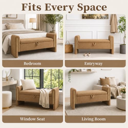 52" Upholstered Storage Bench, Brown, Armrests, Wood Frame | Mid-century storage ottoman bench, soft fabric, high-density foam. Perfect for end of bed, entryway, living room, bedroom.