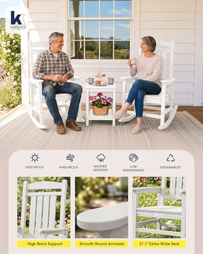 KINGYES Oversized Outdoor Rocking Chairs Set of 2, HDPE Porch Rocker, White | - Rocking Chairs for Outdoor with Wide Seat - 350LBS Support for Adults