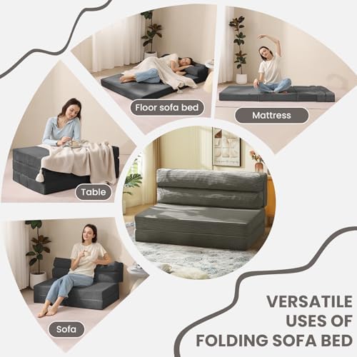 JUIKURY Folding Sofa Bed, Convertible Sleeper Chair with Pilow Foldable Matress, 2 in 1 Pull Out Loveseat Sofa Portable Fold Out Chair Bed Floor Couch Lounge for Living Room Bedroom (Grey, Queen)