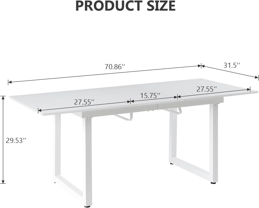 Extendable Dining Table for 4-8 Person, Extendable from 55" to 71", Modern Rectangle Dining Table with MDF Tabletop and Metal Frame, Expanding Kitchen Table for Home, Office (White)