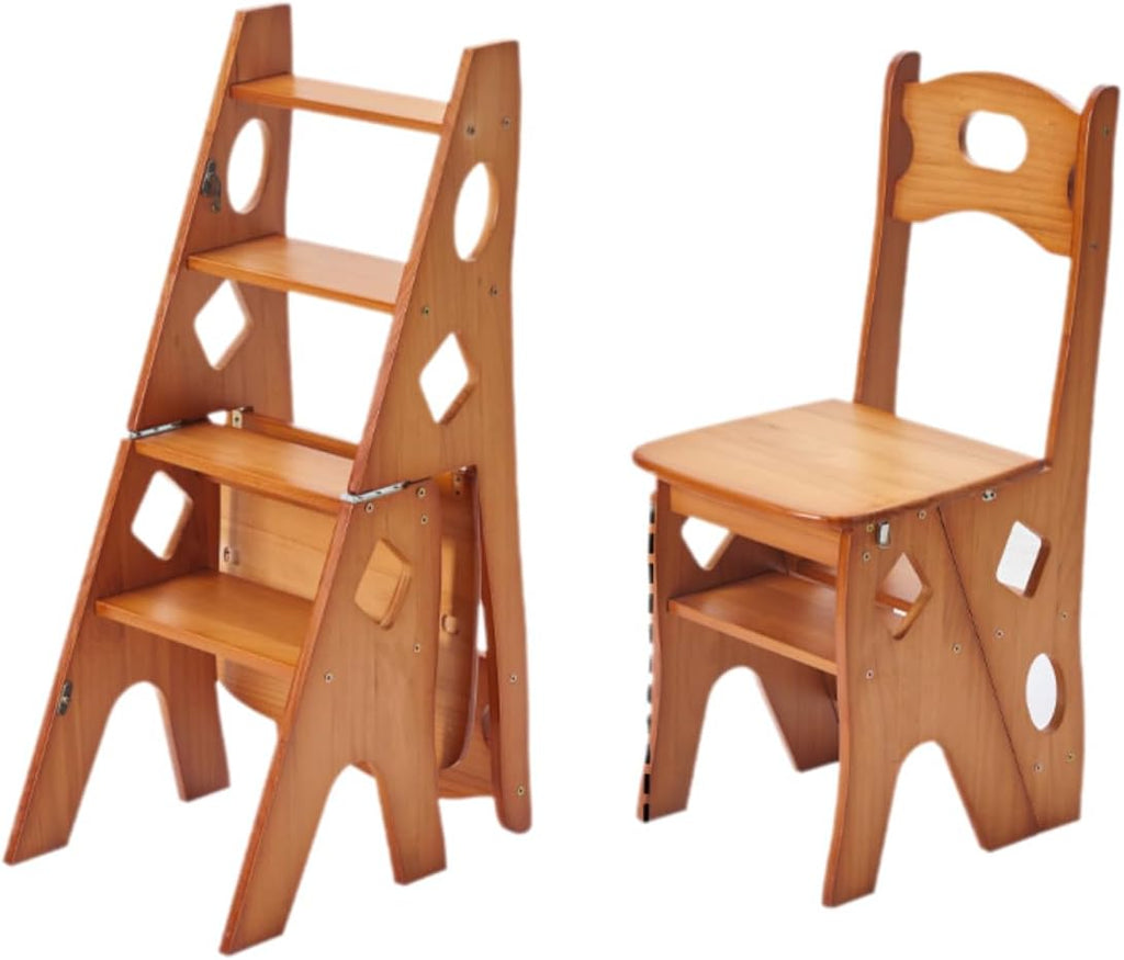 Solid Wood Foldable 4-Step Dual-Purpose Ladder Chair: for Library, as Step, Stool, Display Stand, Flower Stand (87 * 34 * 44.5cm, 90 * 35 * 46cm),Honey color-87 * 34 * 44.5cm