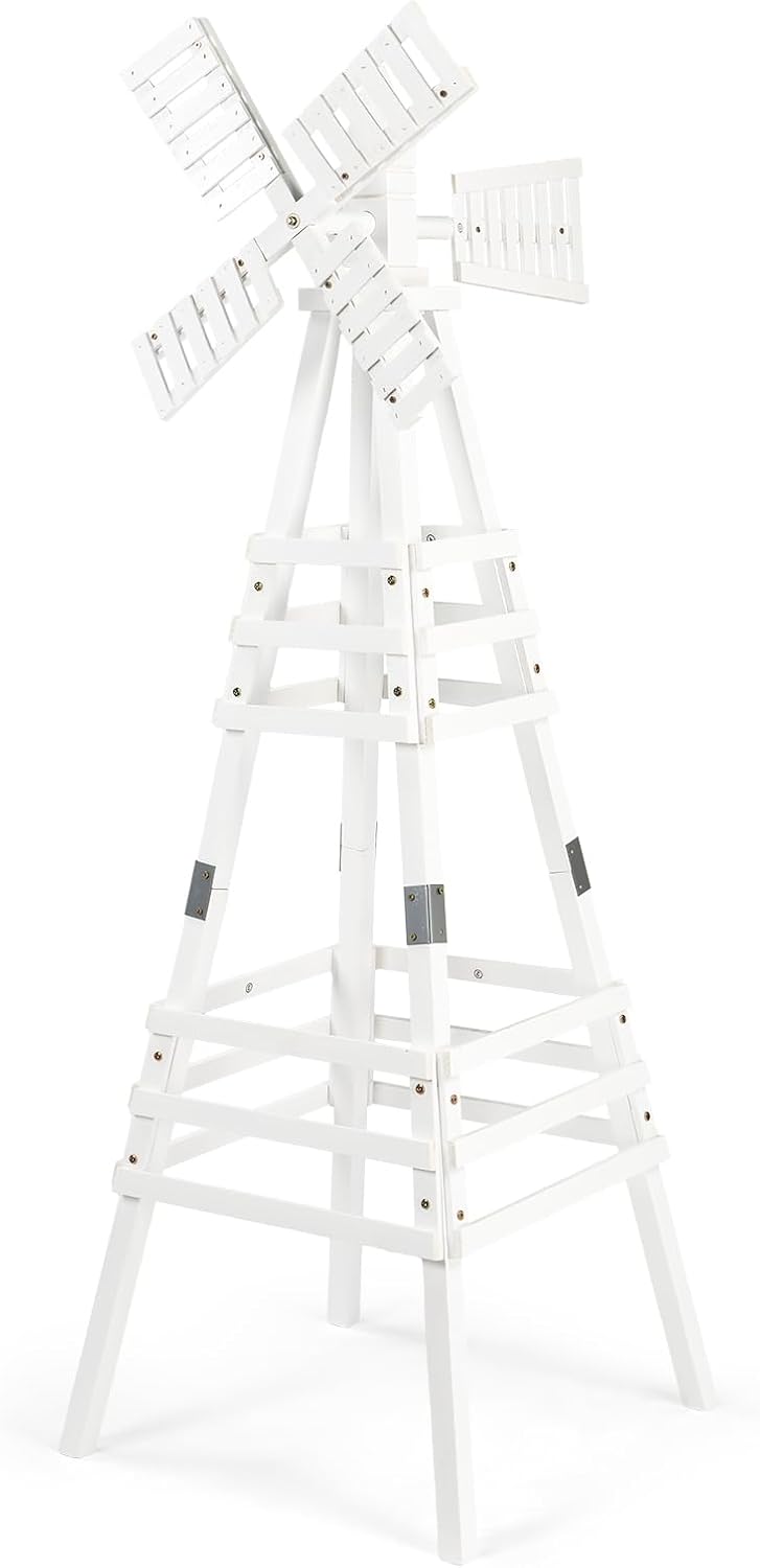 Wooden Windmill, Weather-Proof Wind Spinner, Outdoor Wind Mill for Garden Lawn Patio Decoration (White, Medium)