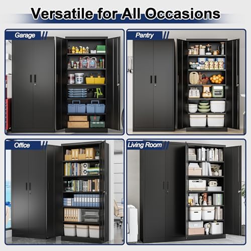 BESFUR Metal Storage Cabinet with 2 Doors and 5 Adjustable Shelves Garage Storage Cabinet with Lock 71" Office Storage Cabinets Locking Cabinets for Garage Office Shop Home (Black)