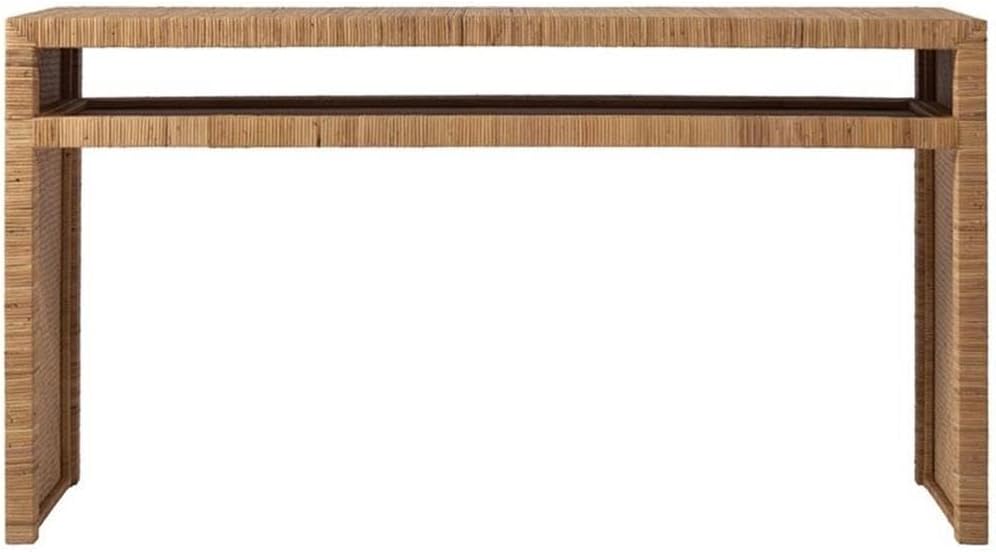 Pemberly Row Long Key Console Table, 60W X 18D X 32H, Wrapped Split Rattan, Tan Natural Cane Finish, No Assembly Required, Coastal Style Accent Table for Living Room or Entryway