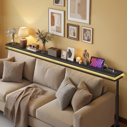 YATINEY 70.9" Behind Couch Table with LED Lights, Narrow Console Table with Adjustable Height (27.6"-35.4"), 5.9" Wide Sofa Tables Narrow Long with USB-C Ports, Sofa Side Table, Black CT26UDBB