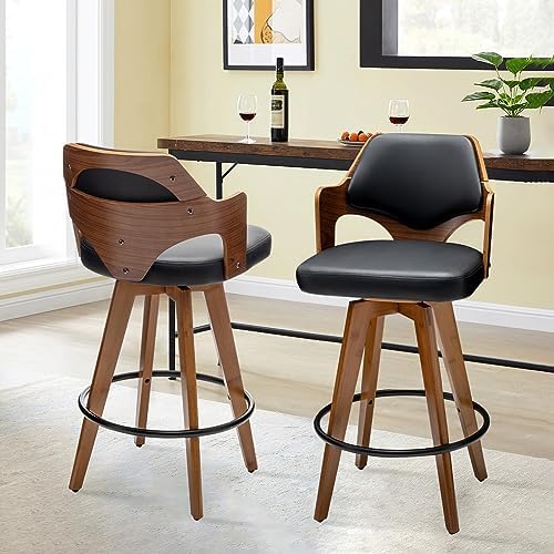 MEKLIBA Swivel Bar Stools Set of 2,30 Inch Bar Height Bar Stools,Upholstered Bar Chair with Bamboo Legs,Low Back Bar Stool for Kitchen Island (Black-PU)