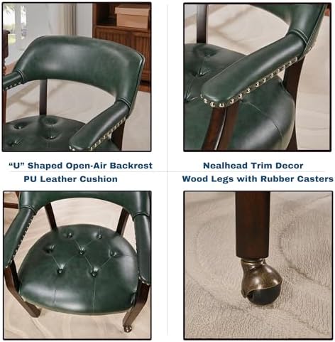 Set of 6 Dining Leather ArmChairs with Casters,Green PU, 360° Move | Accent Kitchen Chairs with Wheels, Captain's Rolling Poker Table Chair Set, Button Tufted Cushion, Open Back, for Home Office