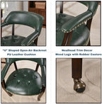 Set of 6 Dining Leather ArmChairs with Casters,Green PU, 360° Move | Accent Kitchen Chairs with Wheels, Captain's Rolling Poker Table Chair Set, Button Tufted Cushion, Open Back, for Home Office