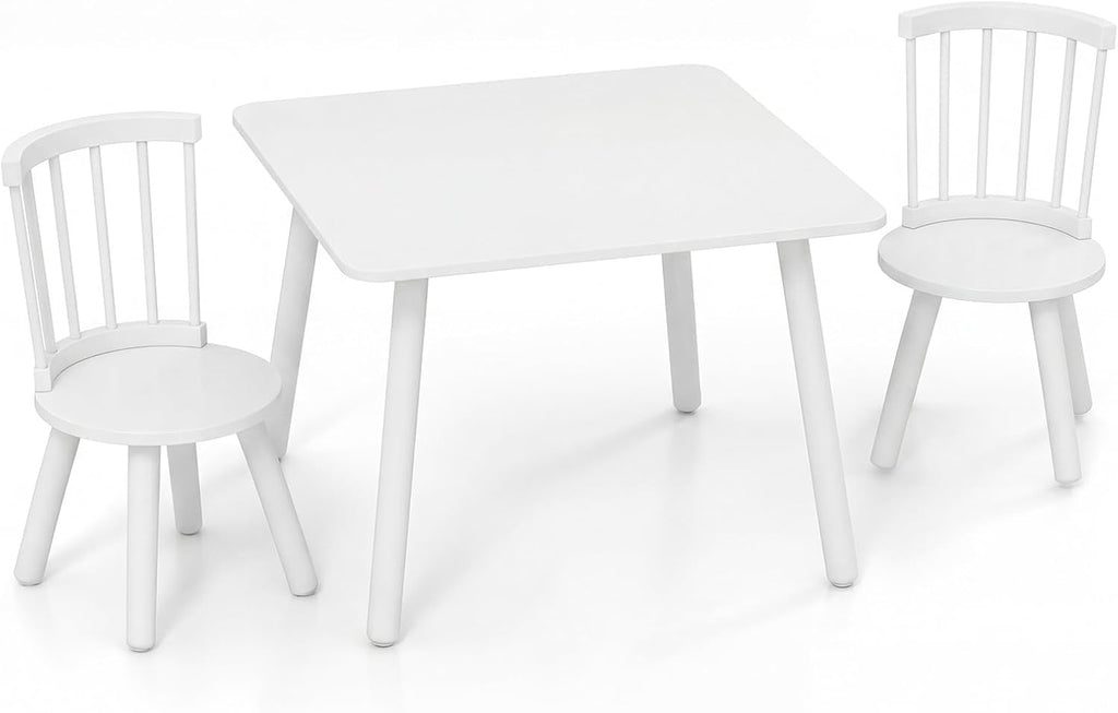 GLACER Kids Table and Chairs, 3-Piece Wooden Activity Table and Chair Set with Pine Legs & Windsor Back for Play, Reading & Learning, Playroom Nursery Furniture for Boys and Girls Ages 3+ (White)