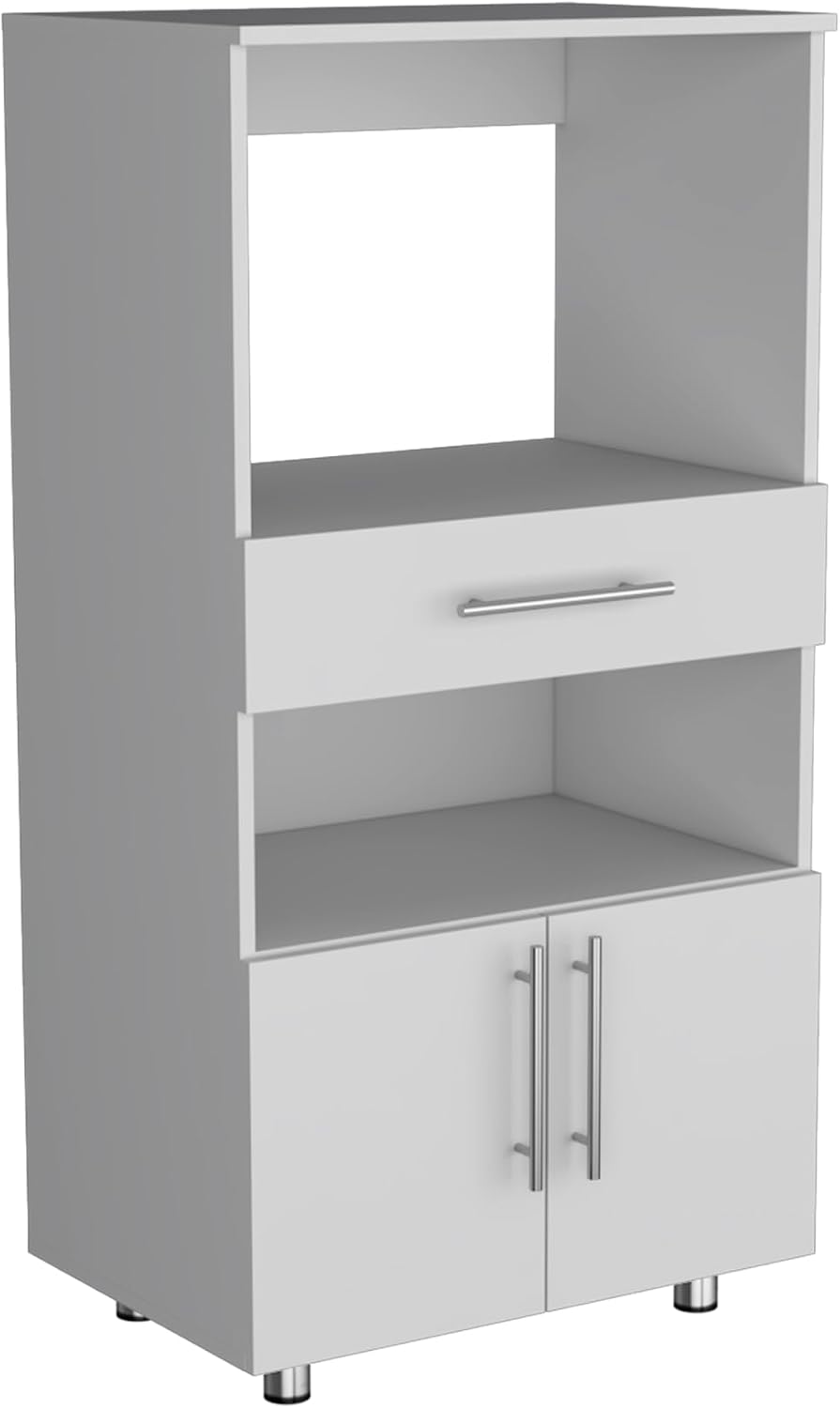 Kitchen Pantry 48" H, Two Open Storage Shelves, One for Microwave, Two Doors, Four Legs, White