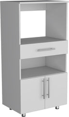 Kitchen Pantry 48" H, Two Open Storage Shelves, One for Microwave, Two Doors, Four Legs, White