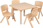 Flash Furniture 24 in Plastic Square Activity Table with 4 Chairs, Natural | Height Adjustable Table, Plastic, Durable Construction, Commercial Use