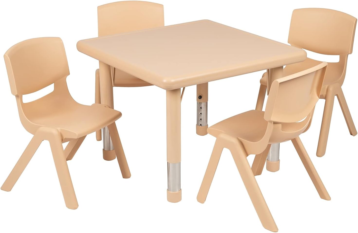 Flash Furniture 24 in Plastic Square Activity Table with 4 Chairs, Natural | Height Adjustable Table, Plastic, Durable Construction, Commercial Use