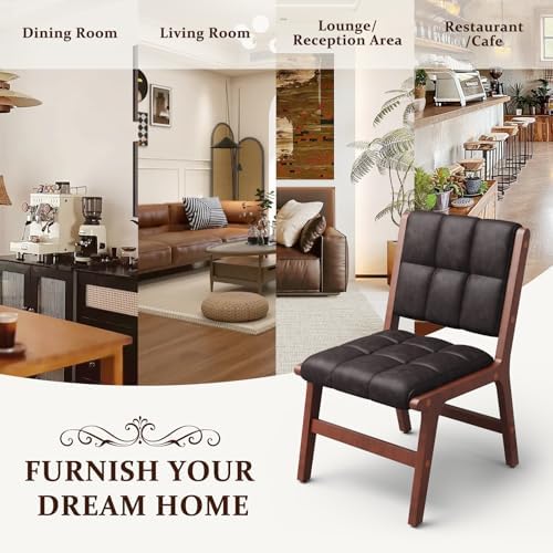 Furniliving Oak Wooden Dining Chairs Set of 2, Mid-Century Modern Leather Upholstered Kitchen Chair, Farmhouse Dining Room Chairs with Wide Seat, Brown