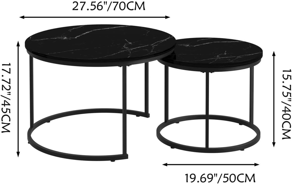Nesting Coffee Table Set of 2, Round Nesting Tables with Marble-Look Top and Metal Frame, Modern Coffee Table Set for Small Spaces, Stackable Side End Tables for Living Room Bedroom etc. (B)