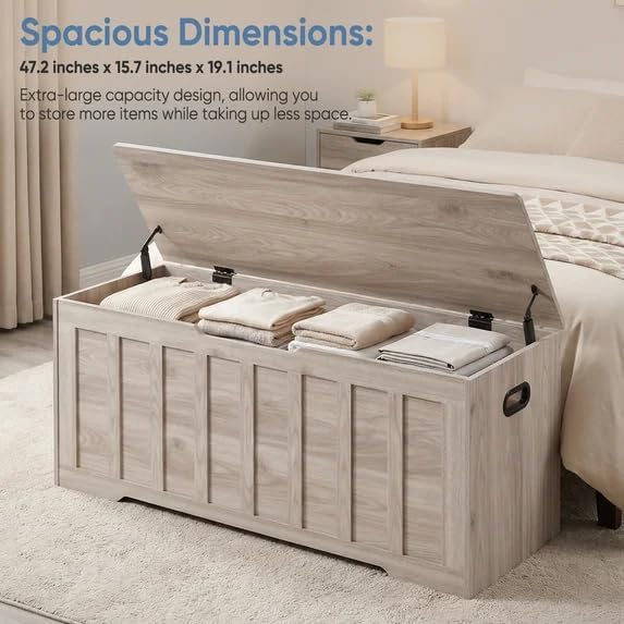 47.2" Storage Chest Extra Large,Storage Trunk with 2 Safety Hinges,Wooden Storage Bench,Shoe Bench,47.2x15.7x19.1 Inch,Easy Assembly,Storage Bench for Bedroom,Living Room,entryway(Wood Gray).