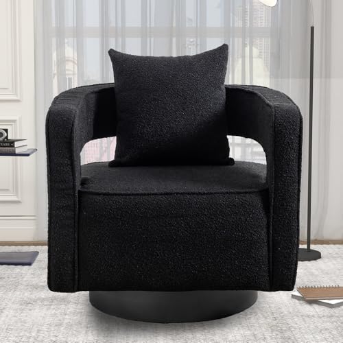 Swivel Accent Chair, Modern Swivel Barrel Chair for Living Room, 360 Degree Comfy Square Accent Chair with Open Back, Upholstered Armchair for Bedroom,Reading, Boucle, Black