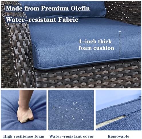 Belord Wicker Outdoor Furniture Patio Furniture Set - 6 Piece Patio Conversation Set with Swivel Rocker Chairs, Rattan Sofa, Ottomans and Coffee Table, Blue Cushion