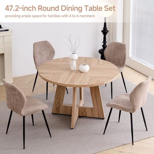 Round Dining Table Set for 4, Kitchen Table and Chairs | Wooden Cross Base, Boucle Fabric Chair, for Apartment
