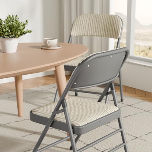 6 Pack Padded Folding Chairs with Fabric Cushion and Back, Oatmeal Stripe | Heavy Duty Foldable Dining Chair Set with Steel Frame Stackable Seat for Party Home Office Event Wedding Indoor Outdoor